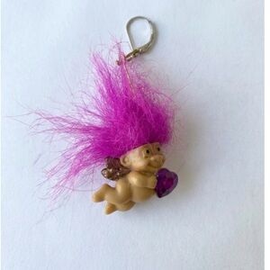 Vintage Russ Troll Charm Pendant Necklace Cupid Angel Pink Hair 90s Kitsch